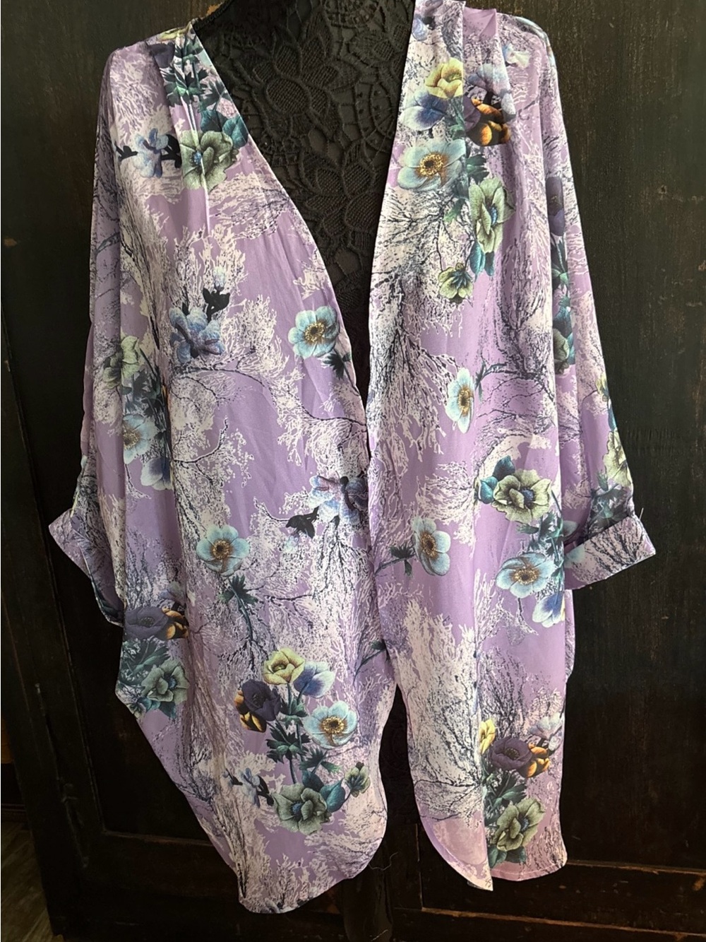NWT Spa Day Open Front Kimono OLRAIN lavender blue floral XL